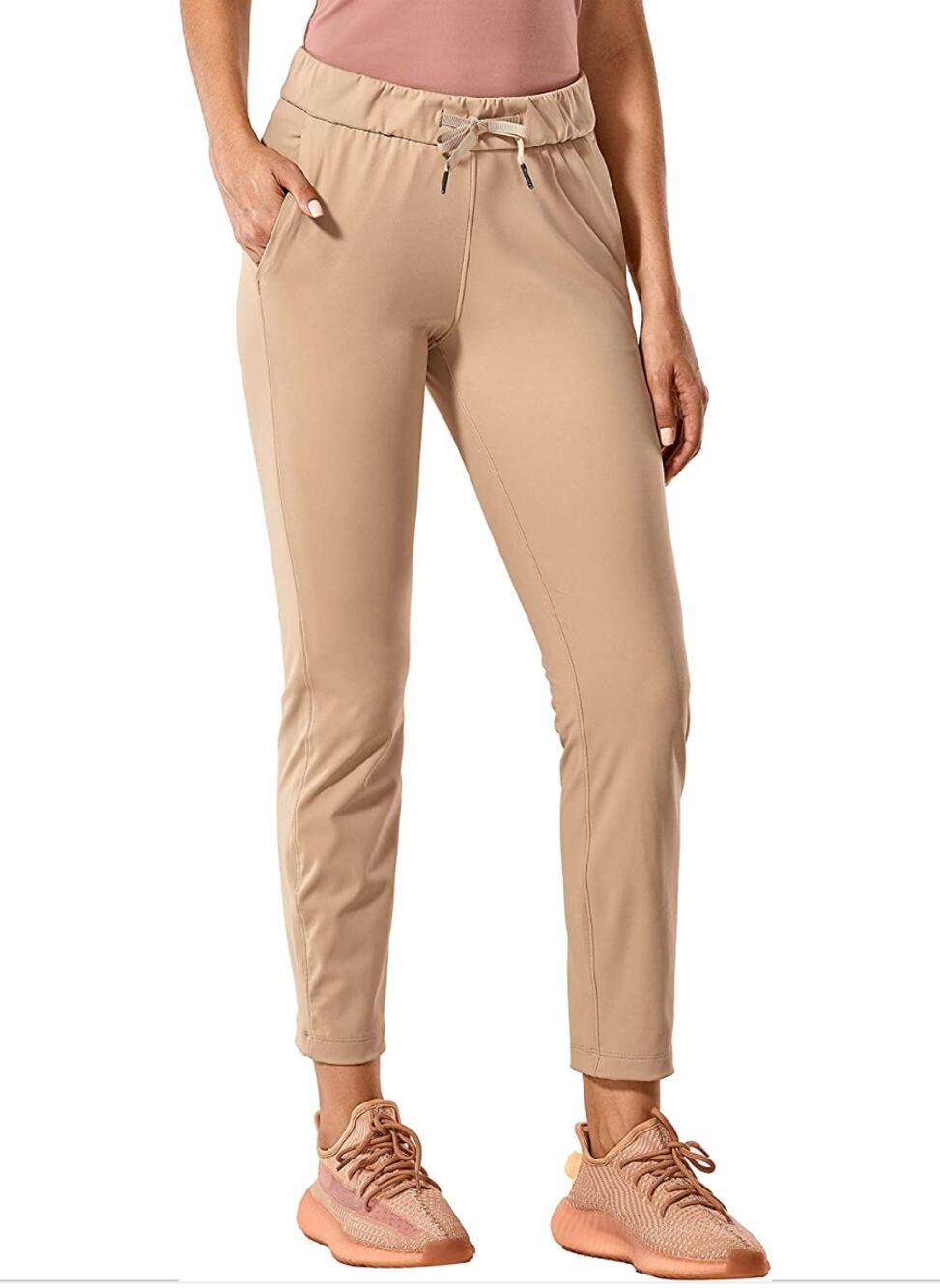 CRZ Yoga Stretch Drawstring 7/8 Pants with Pockets Khaki Tan Casual Active S